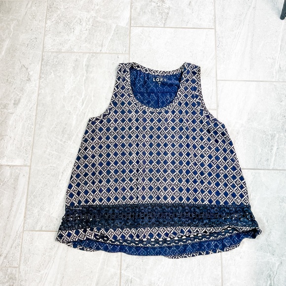 Loft Navy Diamond Graphic Tank Top Embroidered Hem Size Large - Picture 6 of 7